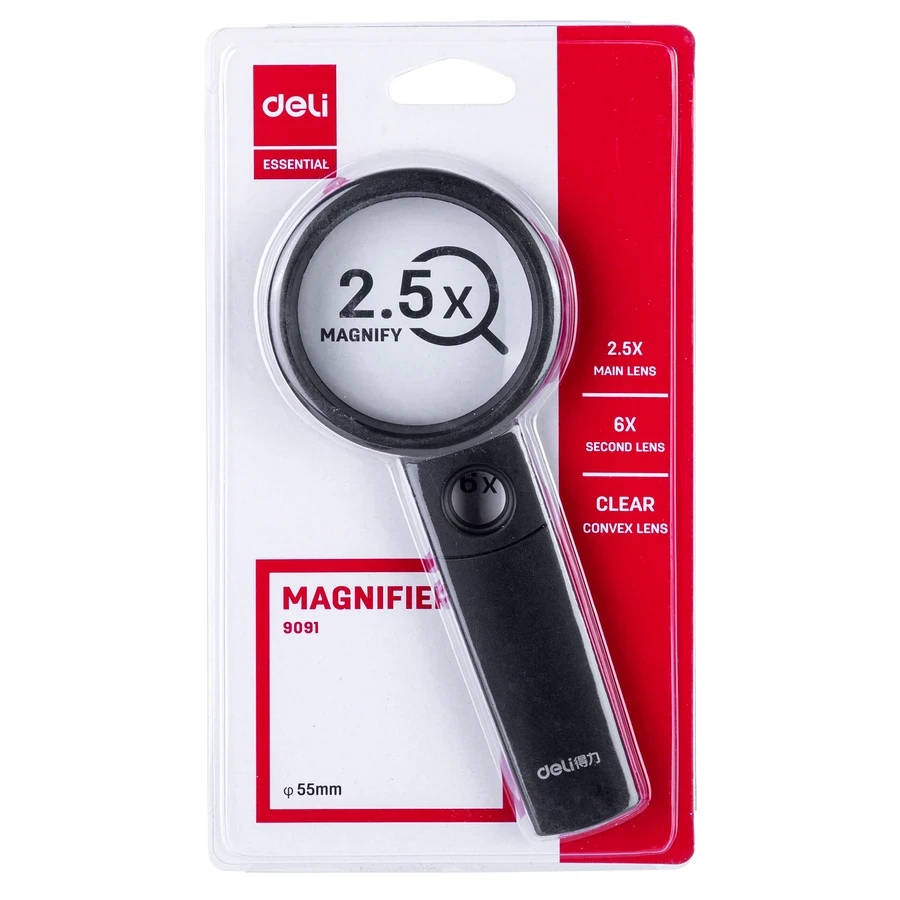 Deli 55mm Handheld Dual-Power Optical Magnifier | 2.5x Primary & 6x Spot Lens with Ergonomic ABS Handle (Black) | E9091