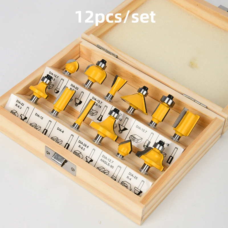 Deli 12-Piece Professional 6mm Shank TCT Woodworking Router Bits Set | Comprehensive Edge Profiling Kit with Straight, Chamfer, Round Over & V-Groove Bits in Wooden Case (Yellow) | EDH-MXD006-EH1