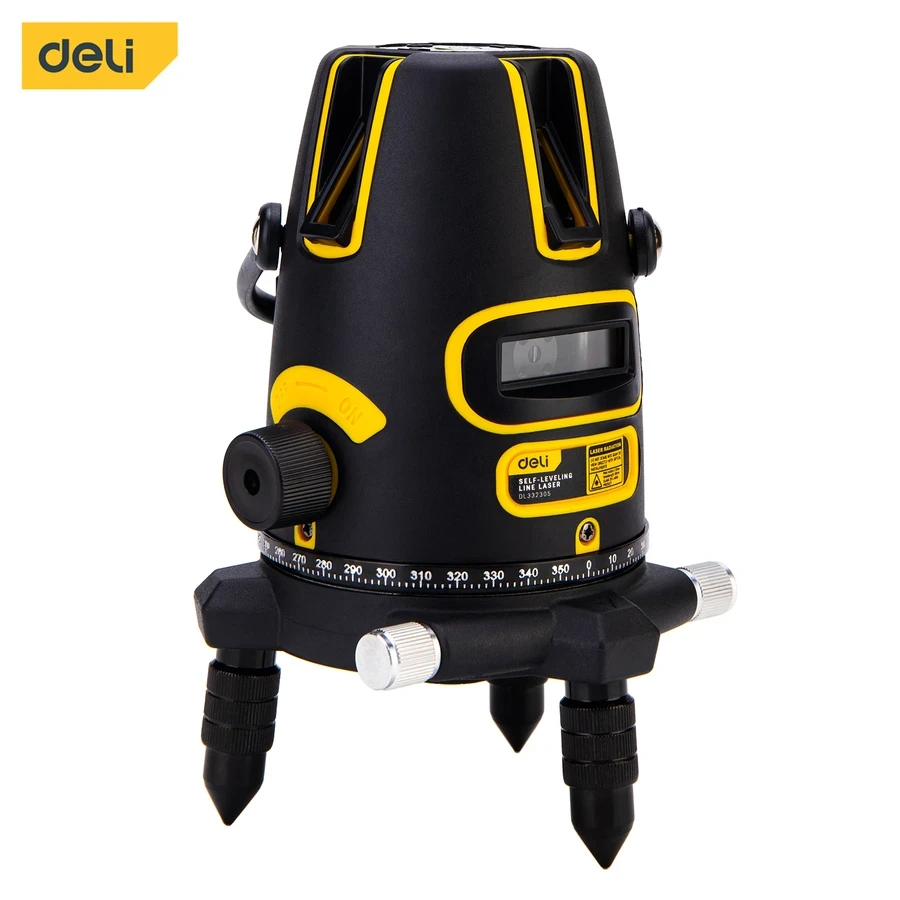 Deli 5-Line LD Green Beam Self-Leveling Laser Level | High-Visibility Outdoor Line Laser with 360° Rotary Base, ±3° Auto-Alarm & Plastic Case | EDL332305