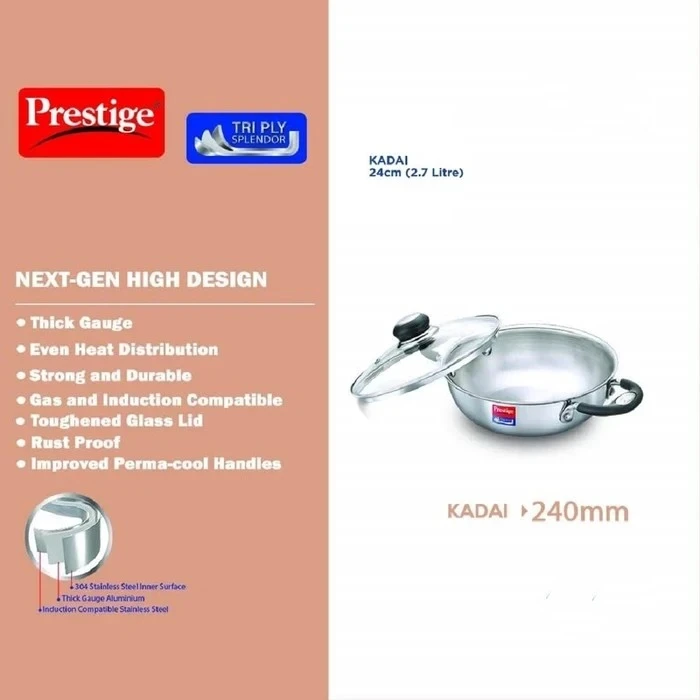 Prestige Triply Splendor Stainless Steel Induction Base Kadai with Tempered Glass Lid (24 CM / 2.7L & 26 CM / 3.25L) | 3-Layer Composite Cookware - Model 37424 / 37425
