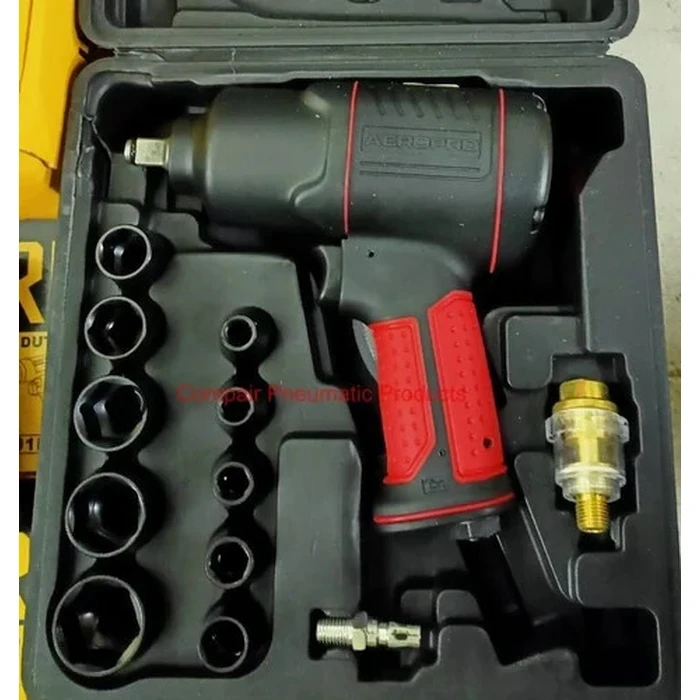 AEROPRO RP17808A 1/2" Twin Hammer Pneumatic Air Impact Wrench with Socket Set | 450 ft-lb (610 Nm) 7,500 RPM 90 PSI Fastening Kit