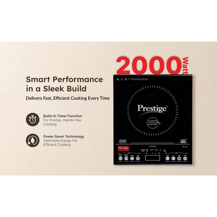 Prestige PIC 3.1 V3 2000W Induction Cooktop with Automatic Whistle Counter & Keep Warm Function | Touch Control Portable Countertop Stove - Model 41944