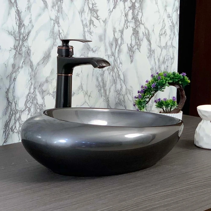 Toyo Crocus-212 Ceramic Countertop Art Basin 12"x19.5" | Wooden Black Glossy Premium Finish | Stain Resistant Easy to Clean Bathroom Wash Basin | 490x310x140mm