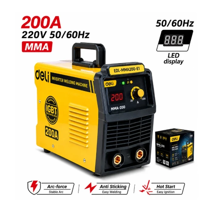 Deli Tools 200A Inverter MMA Welding Machine | Heavy-Duty Industrial IGBT Stick Arc Welder with Intelligent Overload Protection | EDL-MMA200-E1