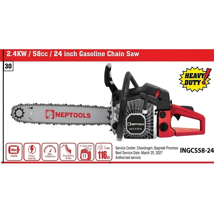 NEPTOOLS 24 Inch 58CC Gasoline Chainsaw | Heavy Duty 2-Stroke Petrol Engine High-Torque Tree Felling Wood Cutting Saw INGCS50-24