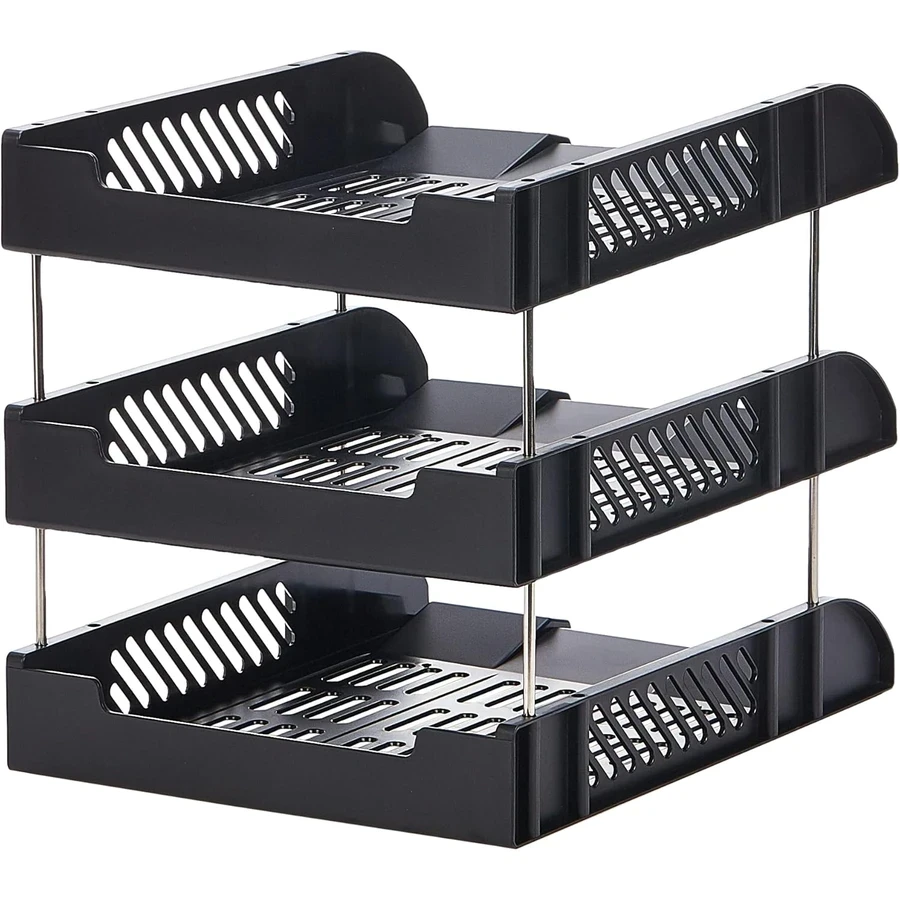 Deli Professional Stackable Desktop File Tray | Heavy-Duty HIPS & Metal Design with Anti-Slip Stability (Black) | E9217