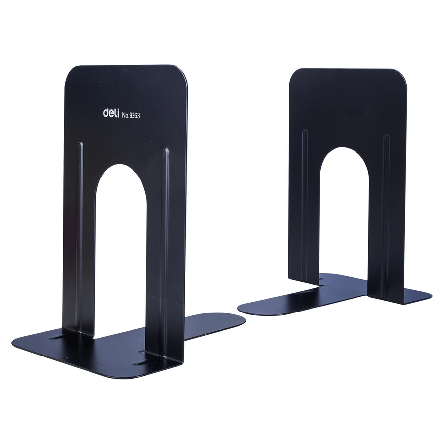 Deli 9-Inch Heavy-Duty Powder-Coated Steel Metal Book Ends (Pair of 2) | Non-Slip EVA Padded Base Desk Organizer (Black) | E9263
