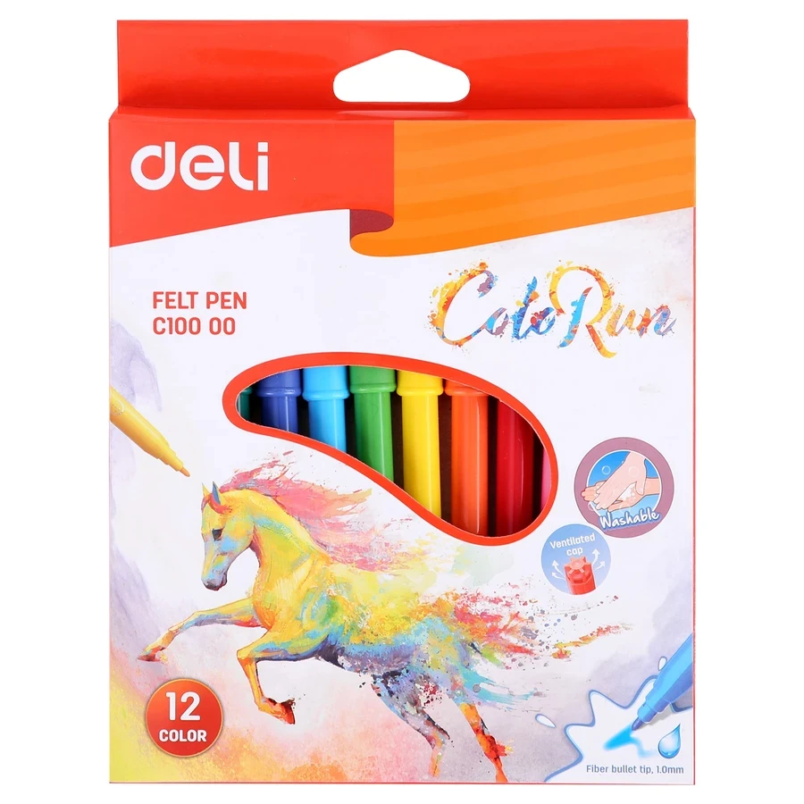 Deli 12-Color School Coloring Felt Pens | 2.0mm Fiber Tip | Washable & Low-Odor | EC10000