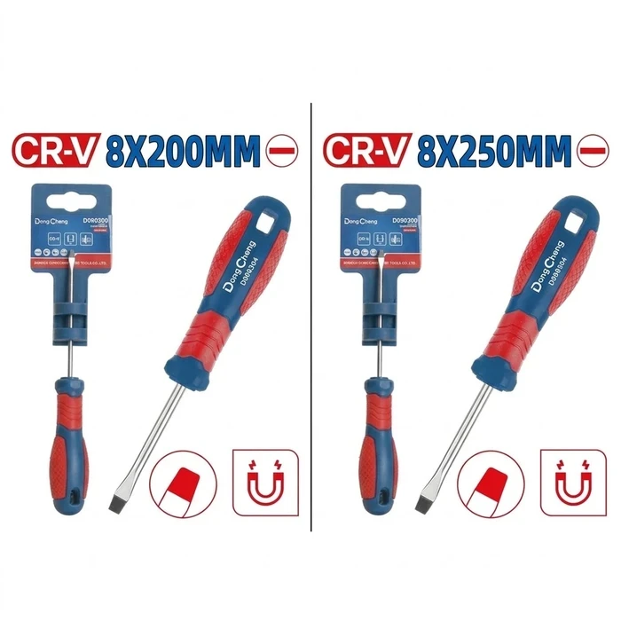Dongcheng 8mm Heavy Duty Magnetic Slotted Screwdrivers (SL8x200mm & SL8x250mm) | Forged Cr-V Steel Round Shank Flat Head Drivers with Two-Color Handle | DG Series