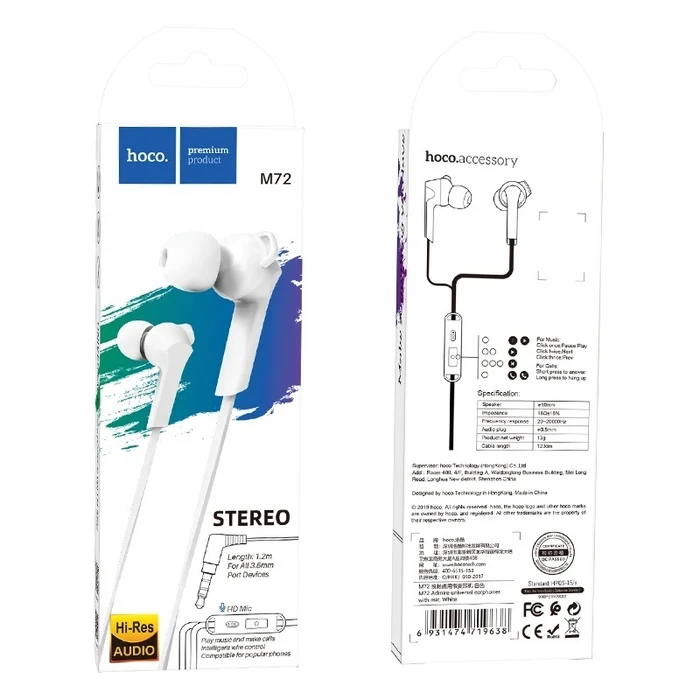 HOCO ADMIRE Universal Wired Earphone with Mic | 10mm Driver | Black, Blue, White Finish | M72