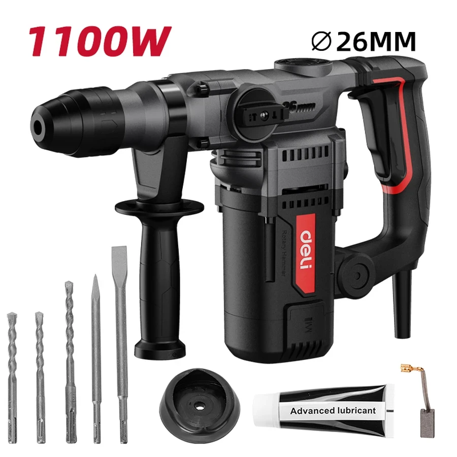 Deli 1100W Professional 26mm SDS-Plus Rotary Hammer | Heavy-Duty 5J Impact Energy Concrete Drill with Anti-Vibration Slingshot System & BMC Case | EDE-DC26-3E