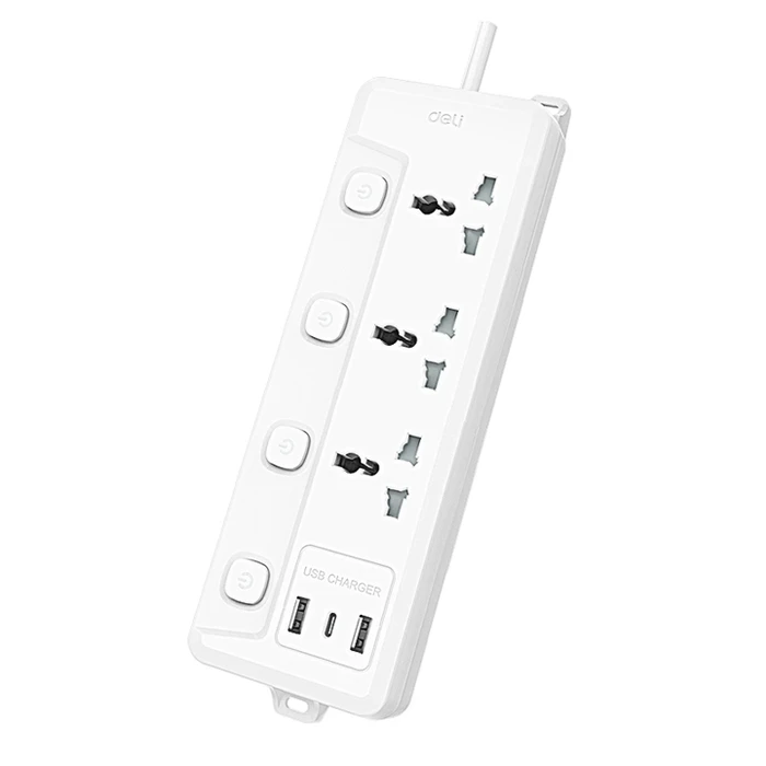 DELI 3-Outlet Universal Power Strip | 2500W 10A 2-Meter Extension Cord with Sub-Control Individual Switches Dual USB-A & Type-C Ports | ET710H