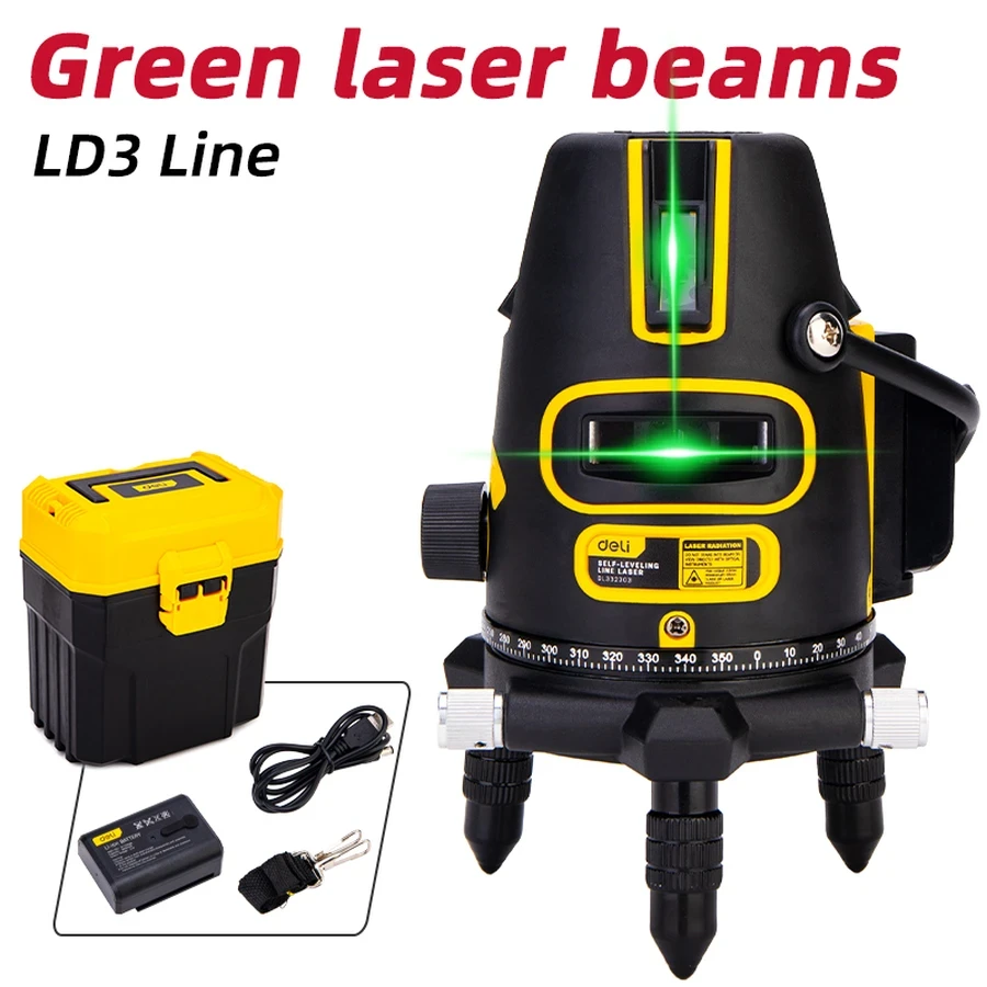 Deli 3-Line LD Green Beam Self-Leveling Laser Level | High-Visibility Outdoor Cross-Line Laser with 360° Rotary Base, ±3° Auto-Alarm & Plastic Case | EDL332303