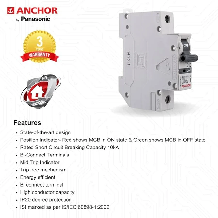 Anchor UNO SP MCB 10A 'C' Curve 98002 - Single Pole, DIN Rail Mount, Standard Circuit Breaker for Lighting Circuits