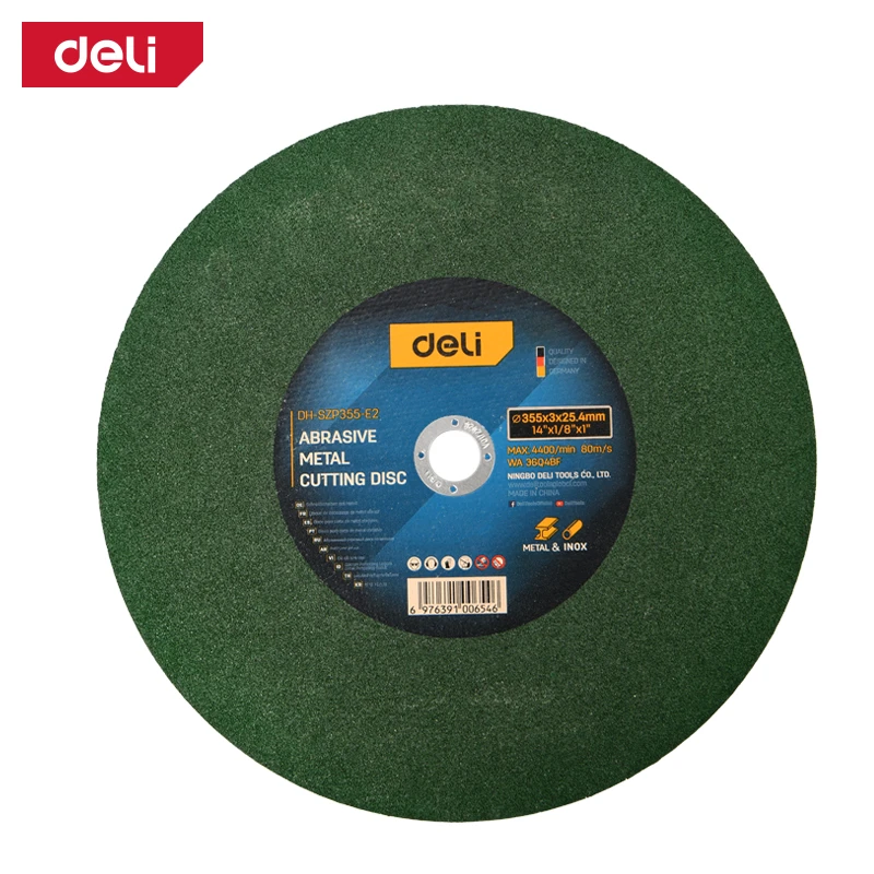 Deli 355x3.0x25.4mm (14") Professional Chop Saw Abrasive Metal Cutting Disc | Heavy-Duty Double Fiber Mesh Cut-Off Wheel for Steel & Inox (Green) | EDH-SZP355-E2