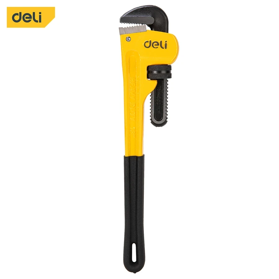 Deli 18" Industrial Heavy-Duty Straight Pipe Wrench | High-Torque Ductile Cast Iron Body with Induction-Hardened Steel Jaws & Ergonomic Anti-Slip Grip (Yellow/Black) | EDL2518