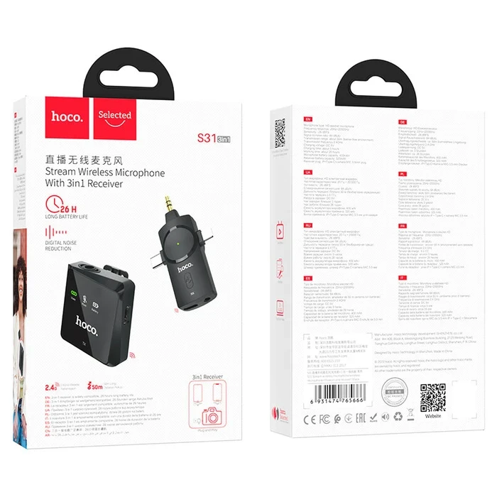 Hoco Stream 2.4G Wireless Mic with 3-in-1 Receiver (Lightning/Type-C/3.5mm) S31