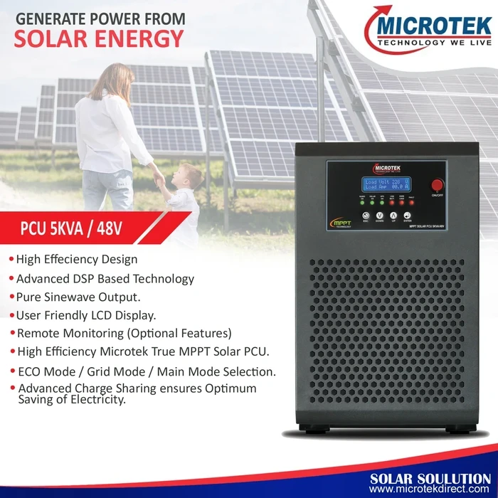 Microtek 5000VA 48V Pure Sine Wave Heavy Duty Hybrid Solar PCU Inverter | True MPPT 30% Extra Energy Generation with Smart Real-Time Clock & LCD | SOLAR PCU TRUE MPPT 5KVA/48V
