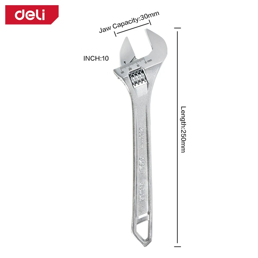 Deli 10" (250mm) Professional Adjustable Spanner Wrench | Drop-Forged Carbon Steel with Laser-Etched Metric Scale & Chrome Plating (Silver) | EDL010A