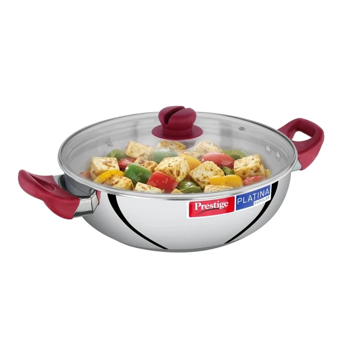 Prestige Platina Popular Stainless Steel Induction Base Kadai with Tempered Glass Lid (26 CM / 3.8L & 28 CM / 4.6L) | Gas & Induction Compatible - Model 36887 / 36888