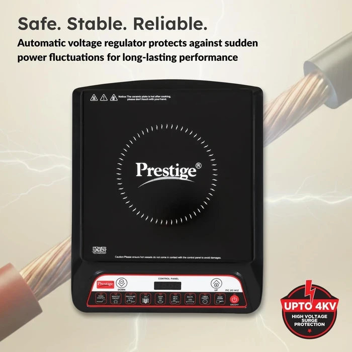 Prestige PIC 20.0 1600W Induction Cooktop with Automatic Whistle Counter & Keep Warm Function | Feather Touch Glass Top Stove - Model 41998