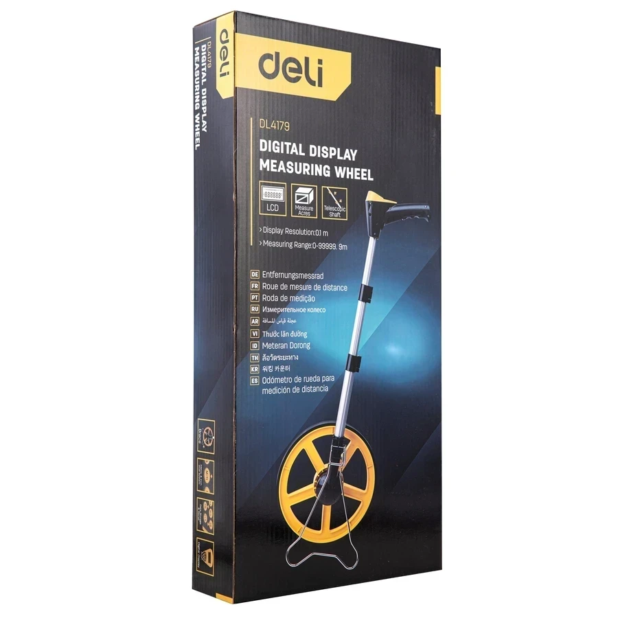 Deli 300mm (12.5") Professional Digital Distance Measuring Wheel | Metric/Imperial Electronic Survey Meter with Large Backlit LCD, 5 Data Memory & 3-Stage Folding Handle | EDL4179 (Yellow)