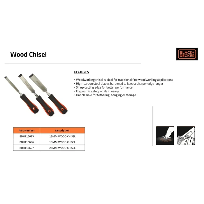 BLACK+DECKER 3-Piece High-Carbon Steel Bevel-Edge Wood Chisel Set (12mm, 18mm, 25mm) | Wooden Handle Joinery & Mortising Carpentry Kit | BDHT16695 / BDHT16696 / BDHT16697