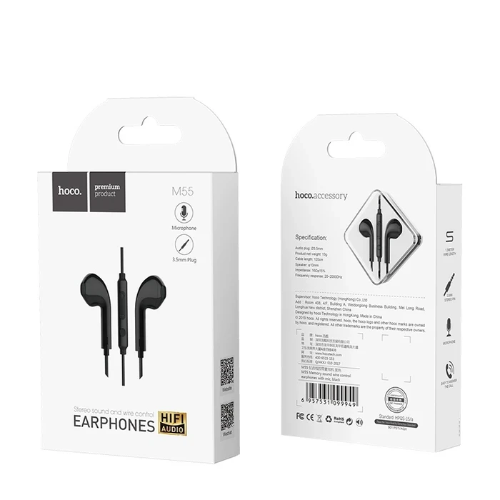 HOCO Memory Sound Wire Control Earphone with Mic | 14.2mm Driver | Volume Control | Black, White, Pink Finish | M55