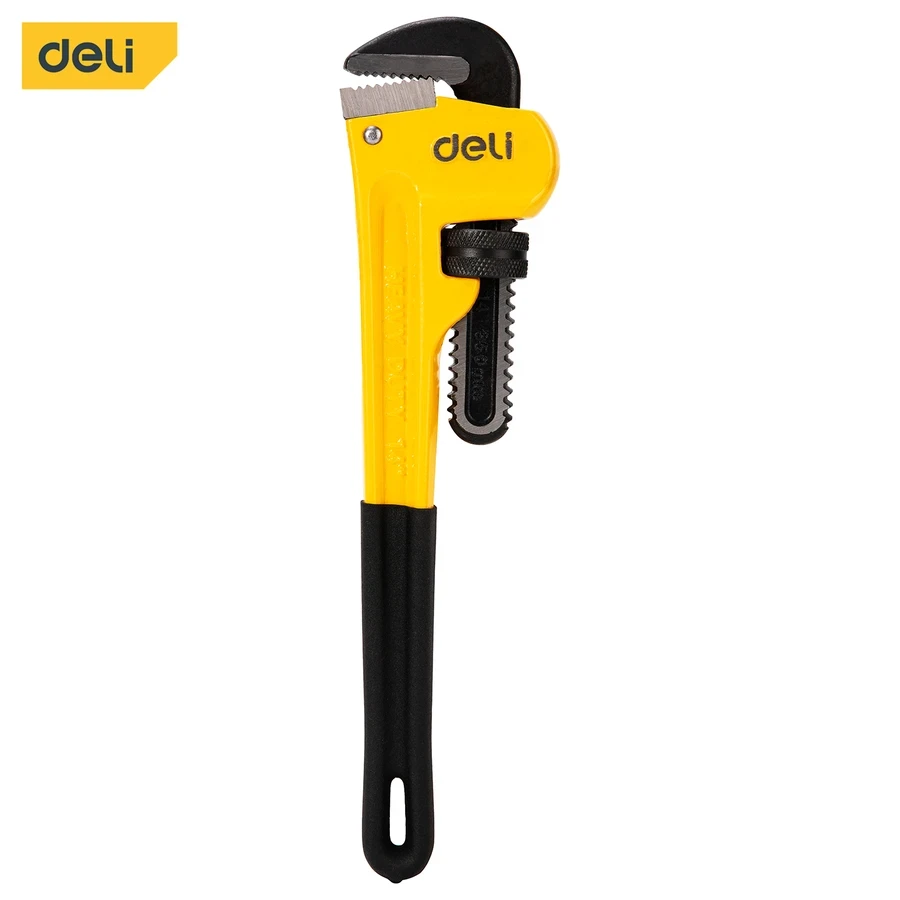 Deli 14" Heavy-Duty Straight Pipe Wrench | Ductile Cast Iron Body with High-Hardness Steel Jaws, Precision Worm Gear & Anti-Slip Grip (Yellow/Black) | EDL2514