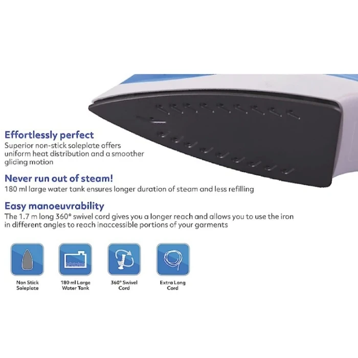 Yasuda 1400W Steam Iron with 180ml Water Tank Capacity | Rapid Heat-Up Uniform Steam Distribution | Smooth Gliding Soleplate Ergonomic Crease Release Fabric Care | YS-173G
