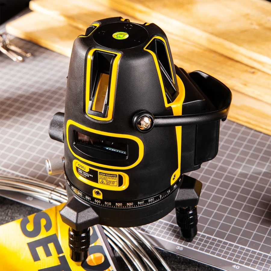 Deli 3-Line LD Green Beam Self-Leveling Laser Level | High-Visibility Outdoor Cross-Line Laser with 360° Rotary Base, ±3° Auto-Alarm & Plastic Case | EDL332303