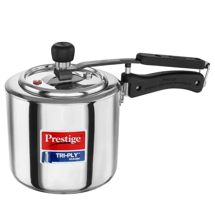 Prestige Tri-Ply Stainless Steel Svachh Induction Base Pressure Cooker | All-Round Full Body Cladding with Spill-Control Deep Lid | Available in 2L, 3L, & 5L Sizes
