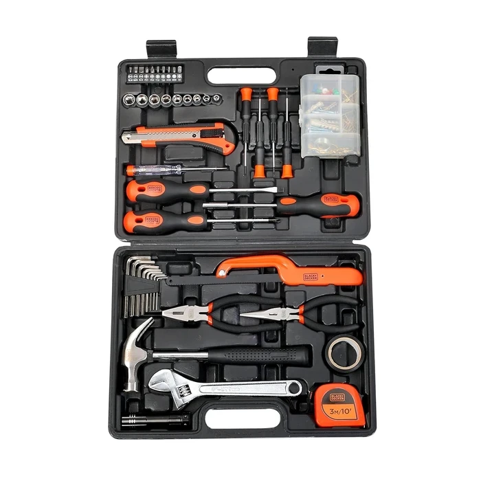 BLACK+DECKER 126-Piece Multi-Purpose Hand Tool Kit | Claw Hammer, Pliers, Wrench, Screwdriver Bits & Voltage Tester in Blow-Molded Case | BMT126C