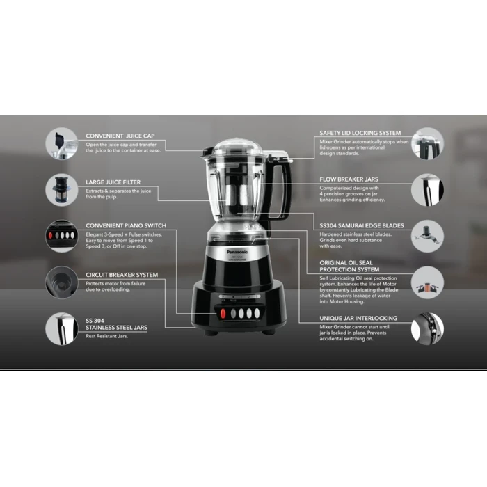 Panasonic 600W Elements Mixer Grinder with 3 Stainless Steel Jars & 1 Juicer Jar | Safety Lock Overload Protection | Wet Dry Blending Chutney Grinding Quartz Yellow/Rustic Red/Sunstone Orange/Charcoal