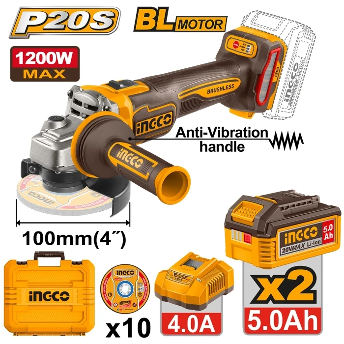 INGCO 20V Cordless Brushless 100mm Angle Grinder | 1200W Max Equivalent 3-Speed Power Cutter with Dual 5.0Ah Batteries, Charger, Anti-Vibration Handle & 10-Piece Metal Cutting Disc Set | CAGLI2120232