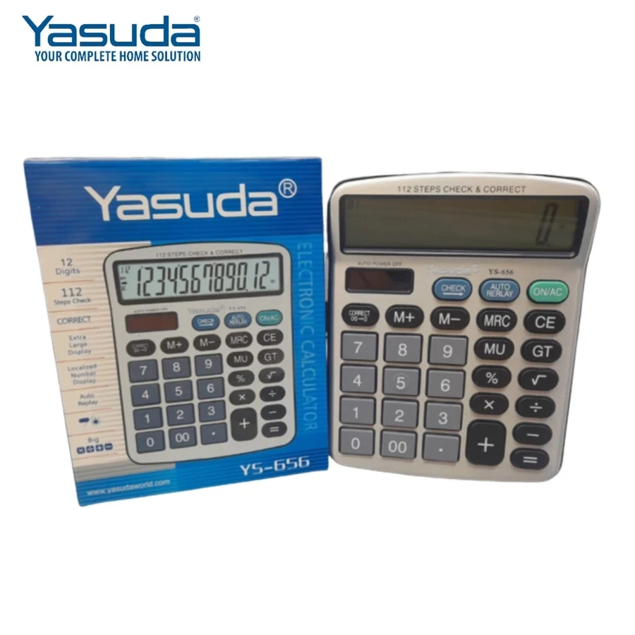 Yasuda YS-656 Business Calculator - 12 Digits, Extra Large Display, Dual Power Solar/Battery, Tax & Check/Correct Functions