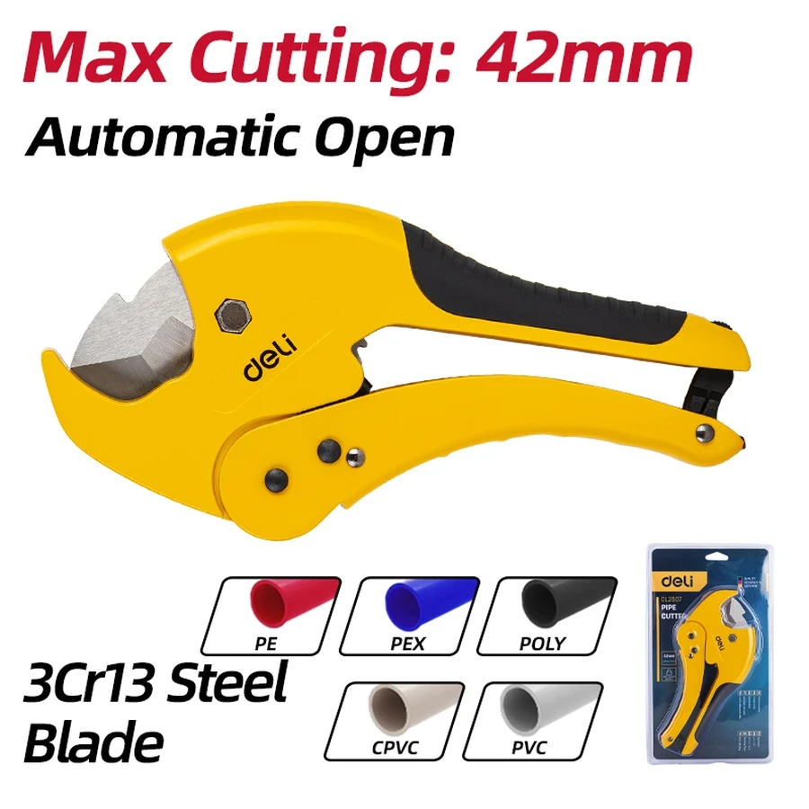 Deli 42mm Professional Ratchet Pipe Cutter | Heavy-Duty 3Cr13 Stainless Steel Rust-Proof Blade PVC/PPR Shears with Aluminum Alloy Body | EDL2507 (Yellow)