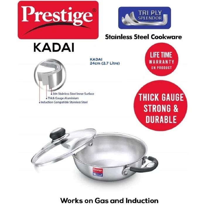 Prestige Triply Splendor Stainless Steel Induction Base Kadai with Tempered Glass Lid (24 CM / 2.7L & 26 CM / 3.25L) | 3-Layer Composite Cookware - Model 37424 / 37425