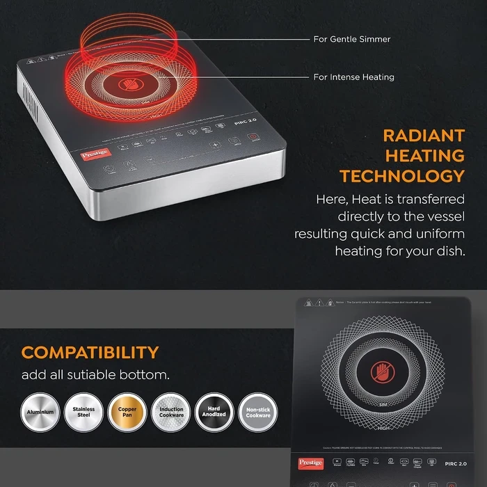 Prestige PIRC 2.0 2000W Infrared Cooktop with Grill Rack | Universal Cookware Compatible Radiant Countertop Stove - Model 42324