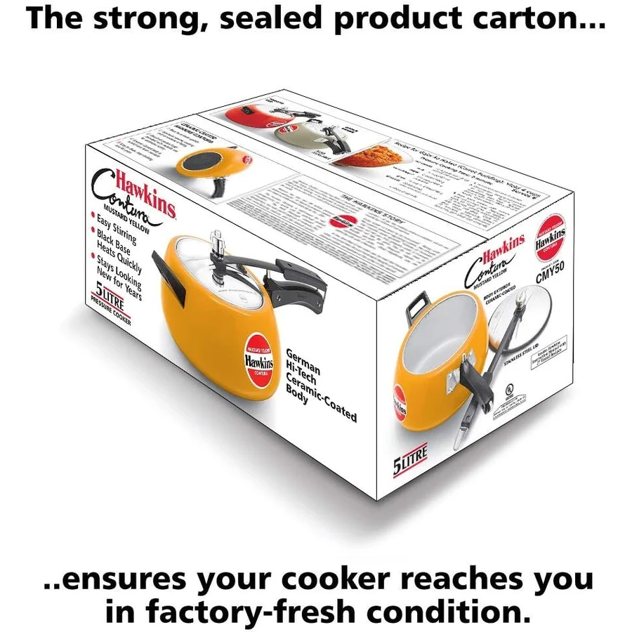Hawkins CMY50 5L Contura Pressure Cooker | German Ceramic Coating | Rapid Heating Black Base | Mustard Yellow | Stainless Steel Lid