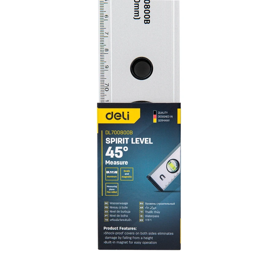 Deli 800mm (32") Professional Magnetic Aluminum Spirit Level | Heavy-Duty 1mm/m High-Precision Leveling Bar with CNC Vials & Shock-Absorbing Rubber Caps | EDL700800B