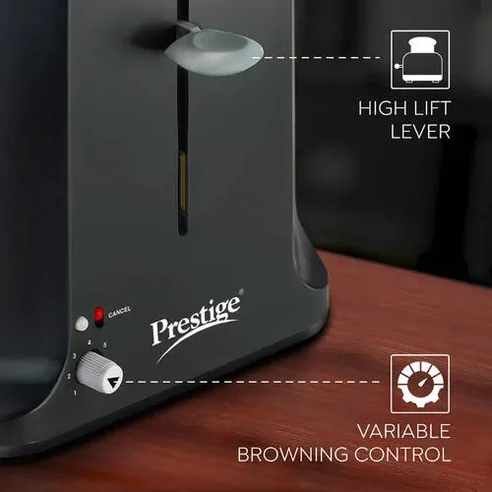 Prestige Slice 750W 2-Slice Pop-Up Toaster with Stainless Steel Finish | Compact Automatic Electric Bread Toaster - Model 41715