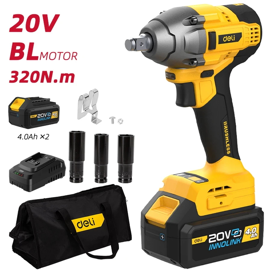 Deli 20V Brushless Cordless Impact Wrench | 320 N.m High Torque 1/2" (12.7mm) Drive with Dual 4.0Ah Li-ion Batteries & 3 Sockets in Carry Case (Yellow) | EDC230