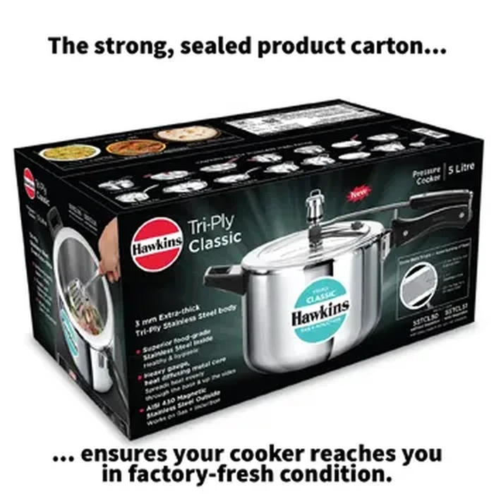 Hawkins Classic 5L Tri-Ply Stainless Steel Pressure Cooker | 3mm Extra-Thick All-Round Uniform Heating Body | Gas & Induction Compatible | Model SSTCL50