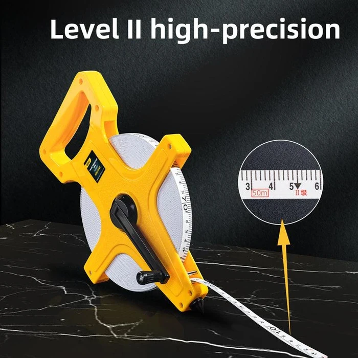 Deli Tools 50m (164ft) Fiberglass Measuring Tape | Non-Conductive Stretch-Resistant Blade with Open Frame Design & Dual Scale | EDL98050Y