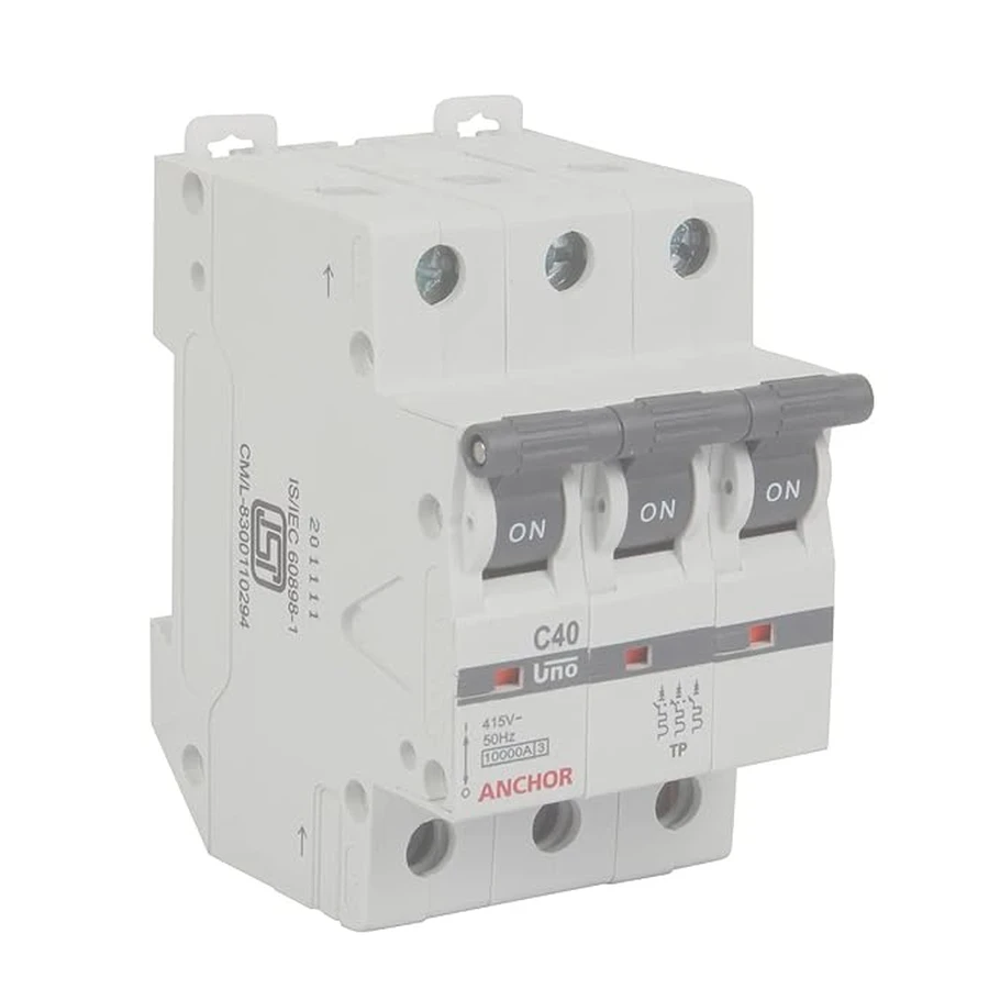 Anchor UNO TP MCB 40A 'C' Curve 98031 - Three Pole, Medium Current Capacity, Clamp Mount Standard Circuit Breaker