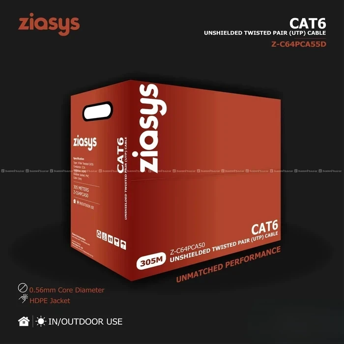 Ziasys Cat6 UTP 24 AWG Outdoor Bulk Cable Roll (305 Meters) with HDPE Weatherproof Black Sheath | Model Z-C64PCA50D