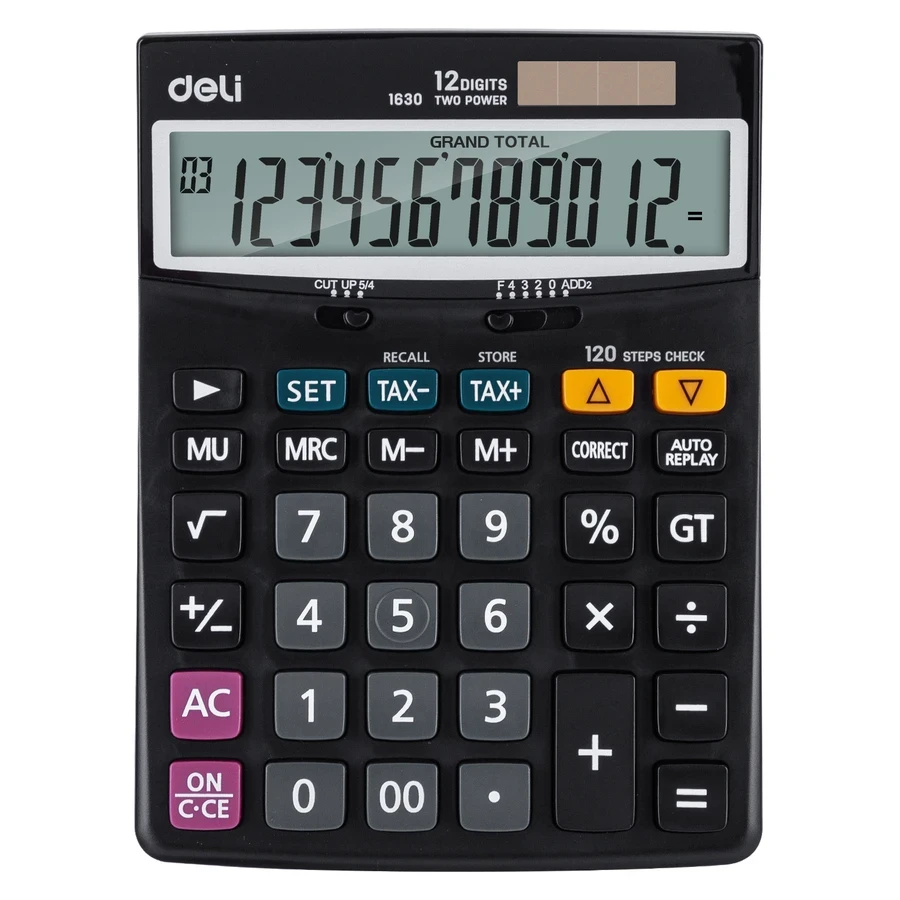 Deli 12-Digit Desktop Calculator | Tax Function (Tax+/Tax-), 120 Steps Check & Correct, Metal Finish (Black) | E1630