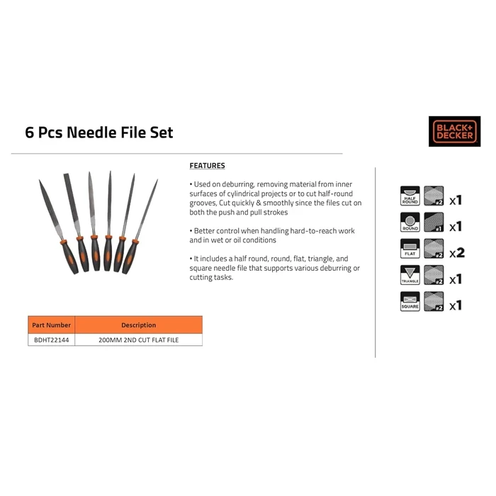 BLACK+DECKER 200mm (8") High-Carbon Steel Flat Bastard File | Ergonomic Bi-Material Grip Surface Deburring Tool | BDHT22144