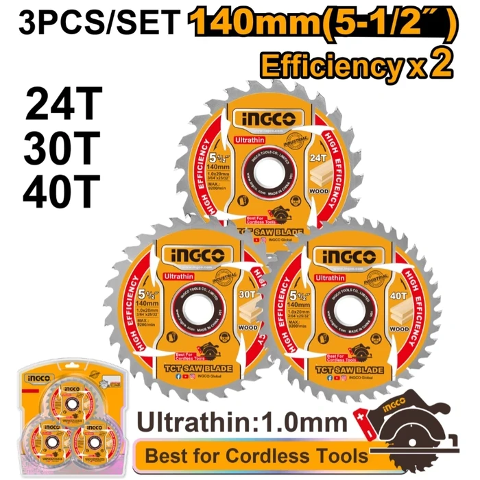 INGCO 3-Piece 140mm (5-1/2") Ultra-Thin TCT Wood Cutting Circular Saw Blade Set | 1.0mm Matrix Thin-Kerf Design with 24T, 30T & 40T Blades, 20mm Arbor & 16mm Reduction Ring | TSB4003